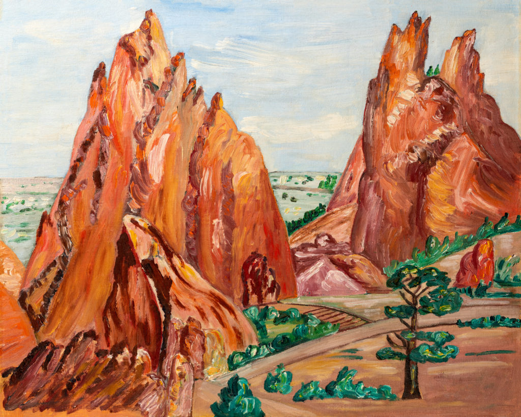 Native style oil painting of the Cathedral Rock Trail in Sedona, Arizona, in southwest United States.