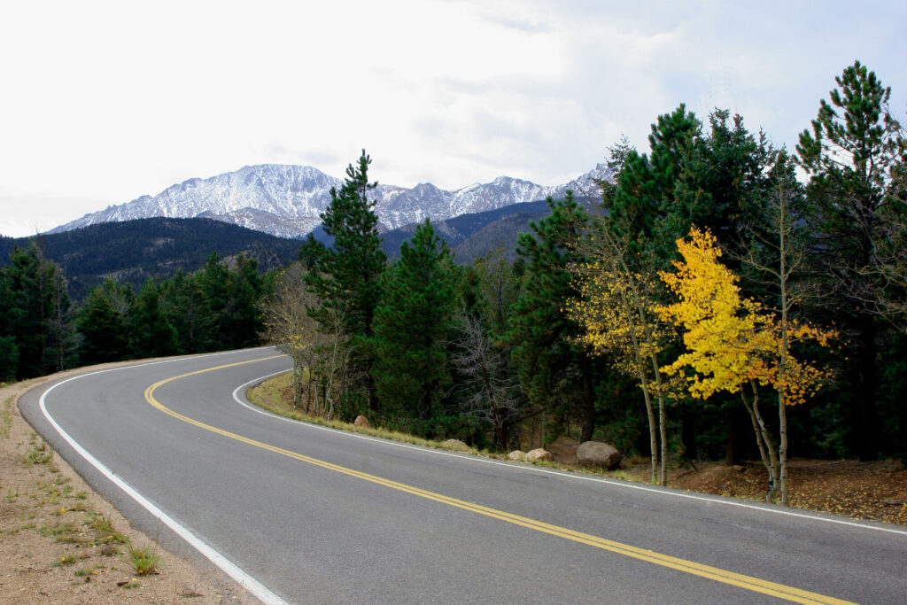 A view of pikes peak on the Pikes Peak highway.