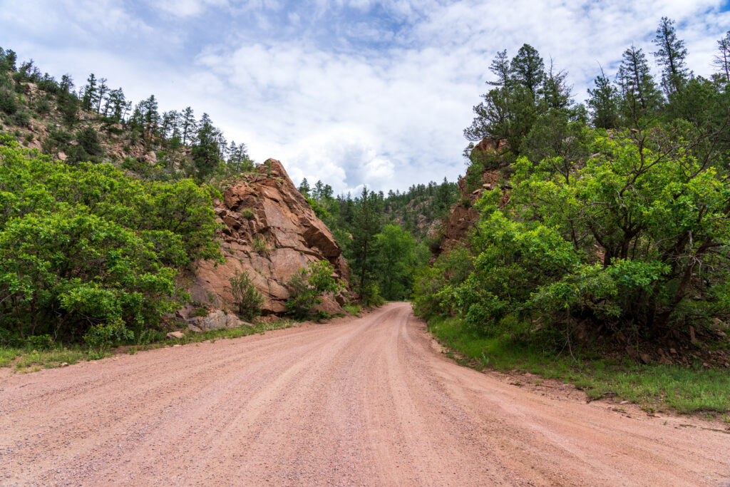 View on Phantom Canyon Road, an unpaved historic and scenic drive that follows the route of the Florence and Cripple Creek Railroad built in 1894.